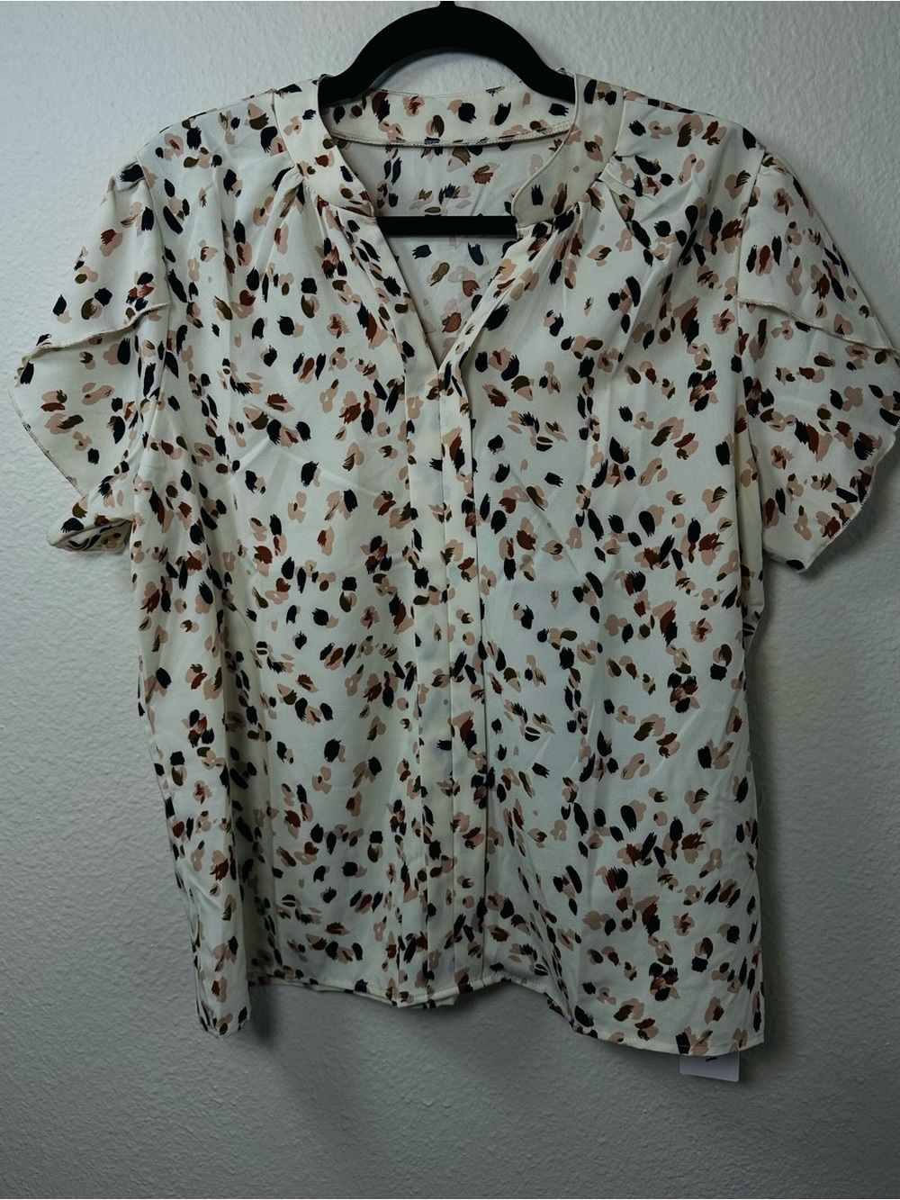 Lightweight White Flutter Sleeve Blouse with Neutral Spot Print